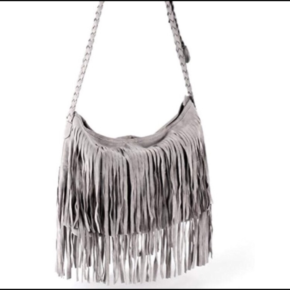 Grey Fringe Faux Suede Messenger Bag - Picture 4 of 4